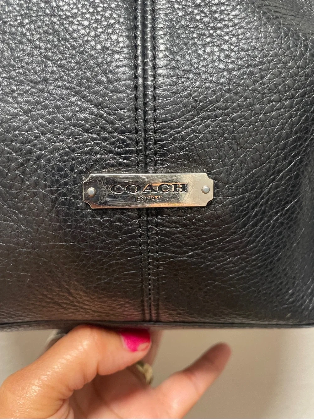 COACH Black Tumbled Leather Single Leather Wide Handle Shoulder Bag Teal Lining
